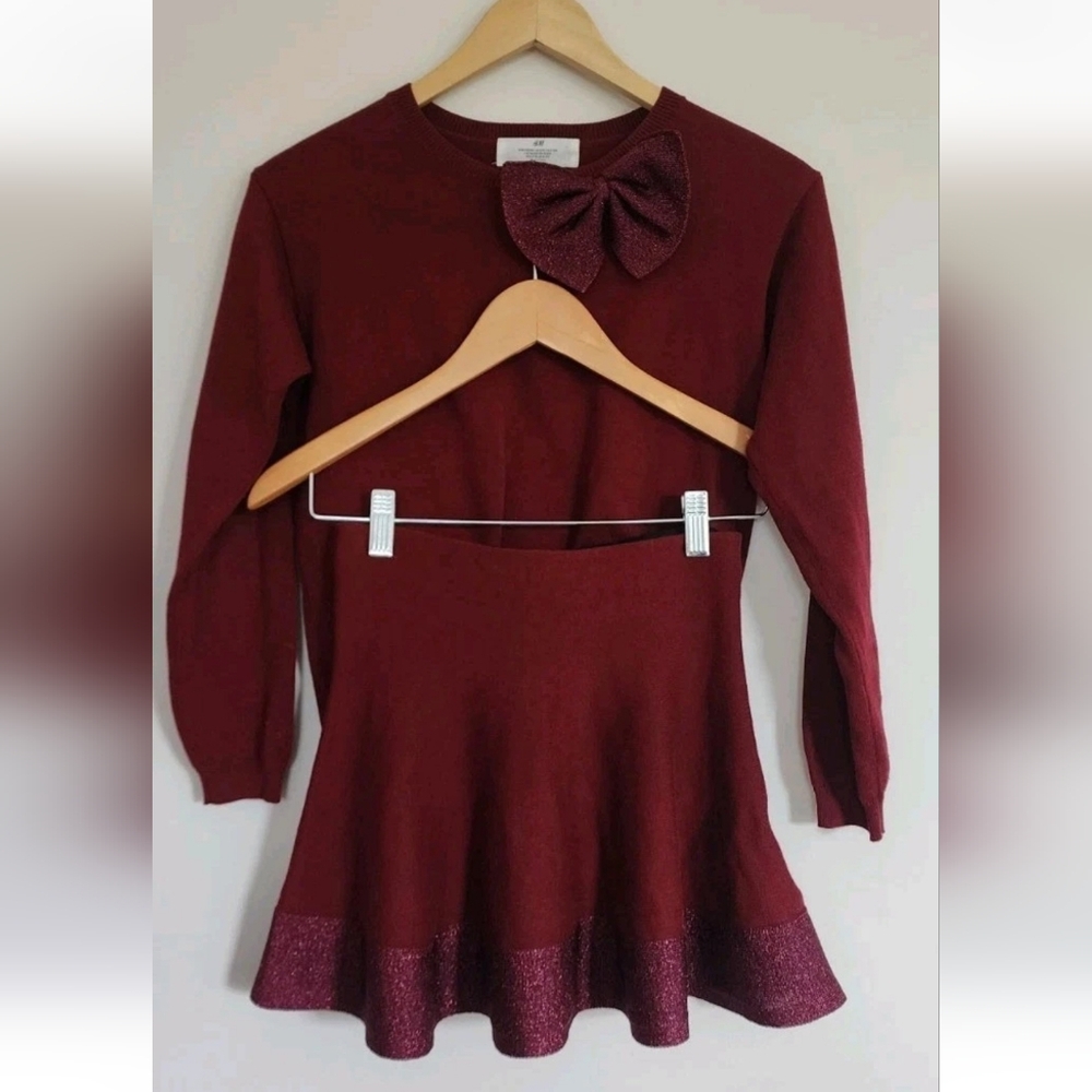 HM H&M BURGUDNY 2 PIECE SET SKIRT TOP SWEATER BOW SHINY THREAD 8T 10T 8Y 10Y